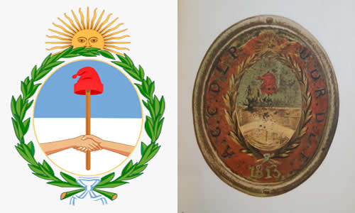 Escudo que fue colocado sobre la puerta de entrada de la Asamblea General Constituyente de 1813. Pintado sobre una plancha de hierro de 45 x 55 cm. Escudo de Argentina